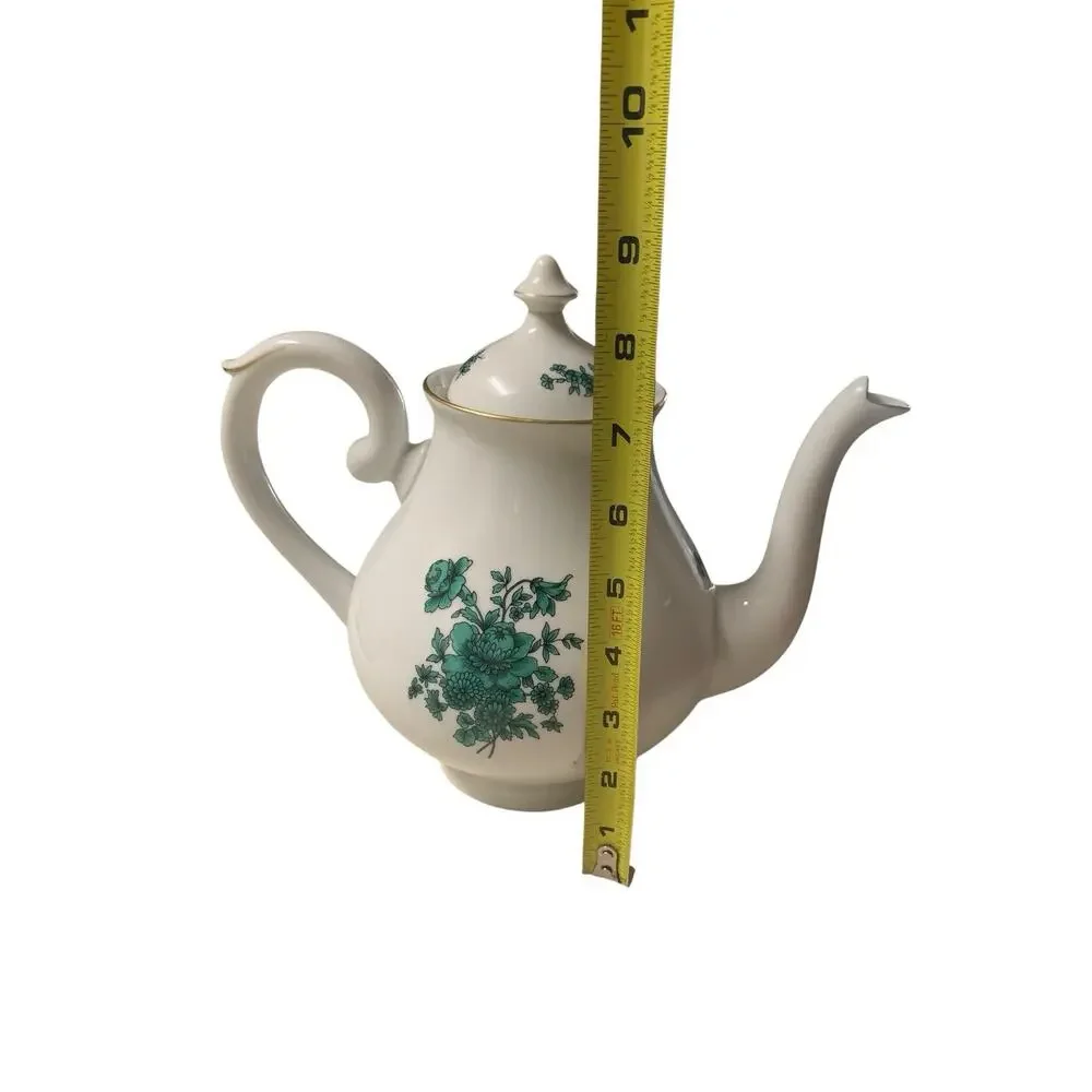 Mottahedeh Vista Alegre Porcelain 9 Inch Green Rose Floral Tea Pot Made In Portu